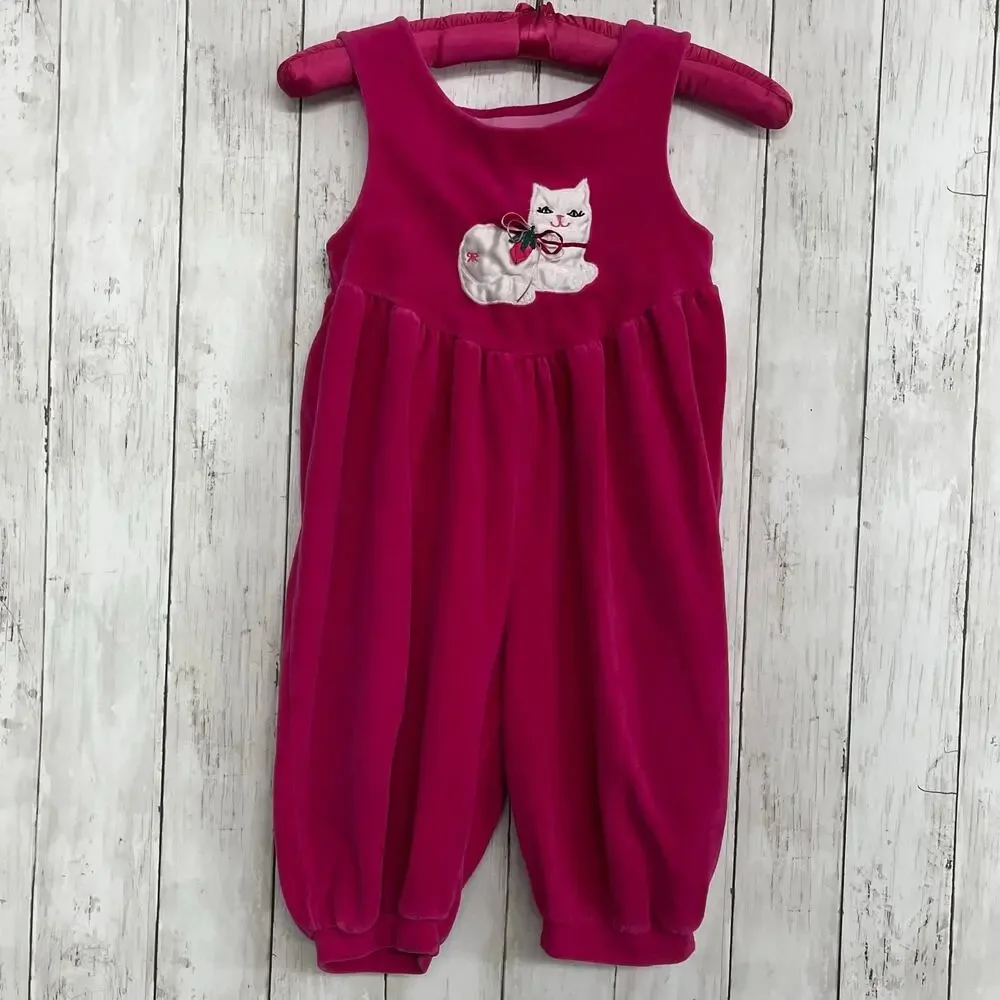 Vintage Rebecca Raggs Pink One Piece White Cat Romper 3T Made in USA Boutique